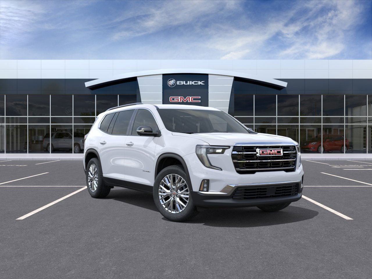 2026 GMC Acadia Elevation in Glacier White Tricoat — front three-quarter view