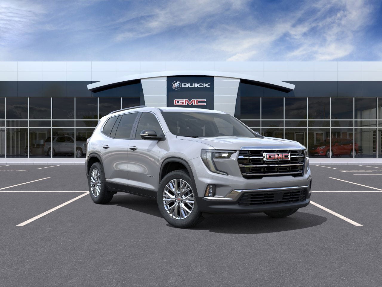 2026 GMC Acadia Elevation in Sterling Metallic — front three-quarter view