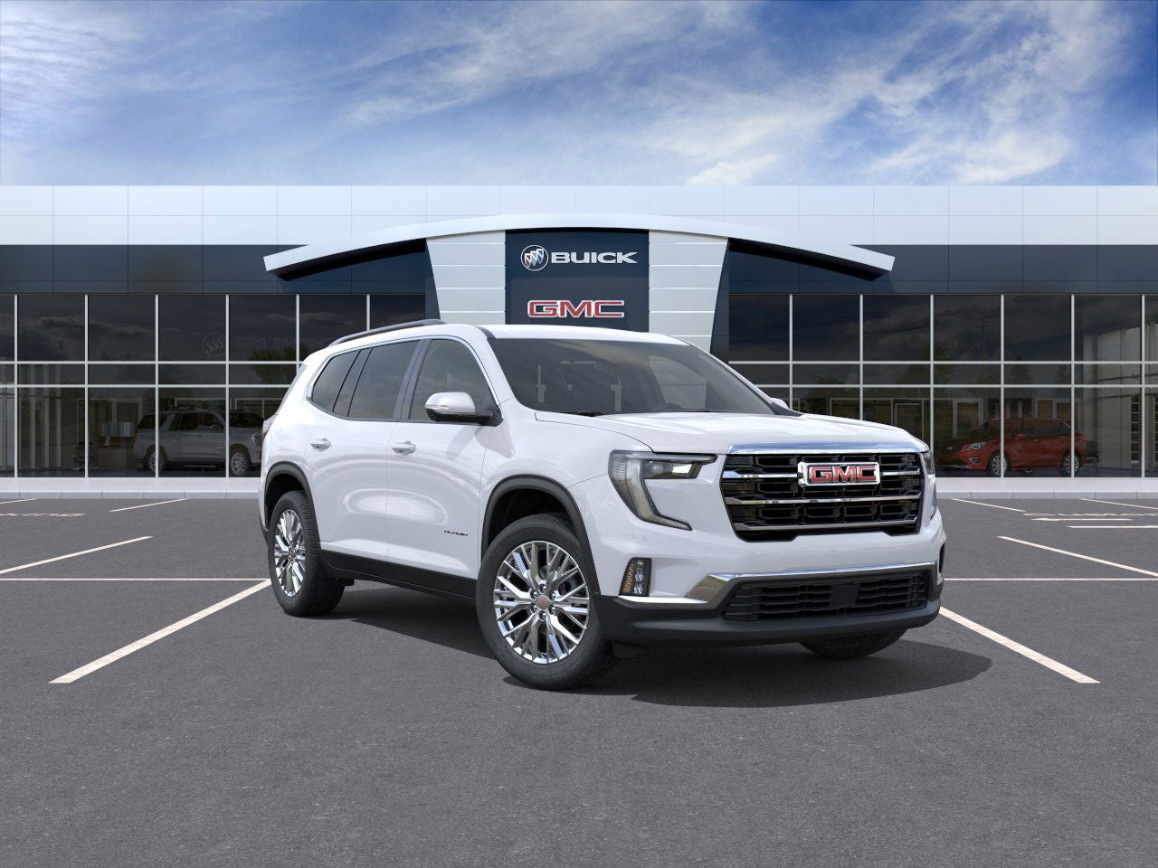 2026 GMC Acadia Elevation in Glacier White Tricoat — front three-quarter view