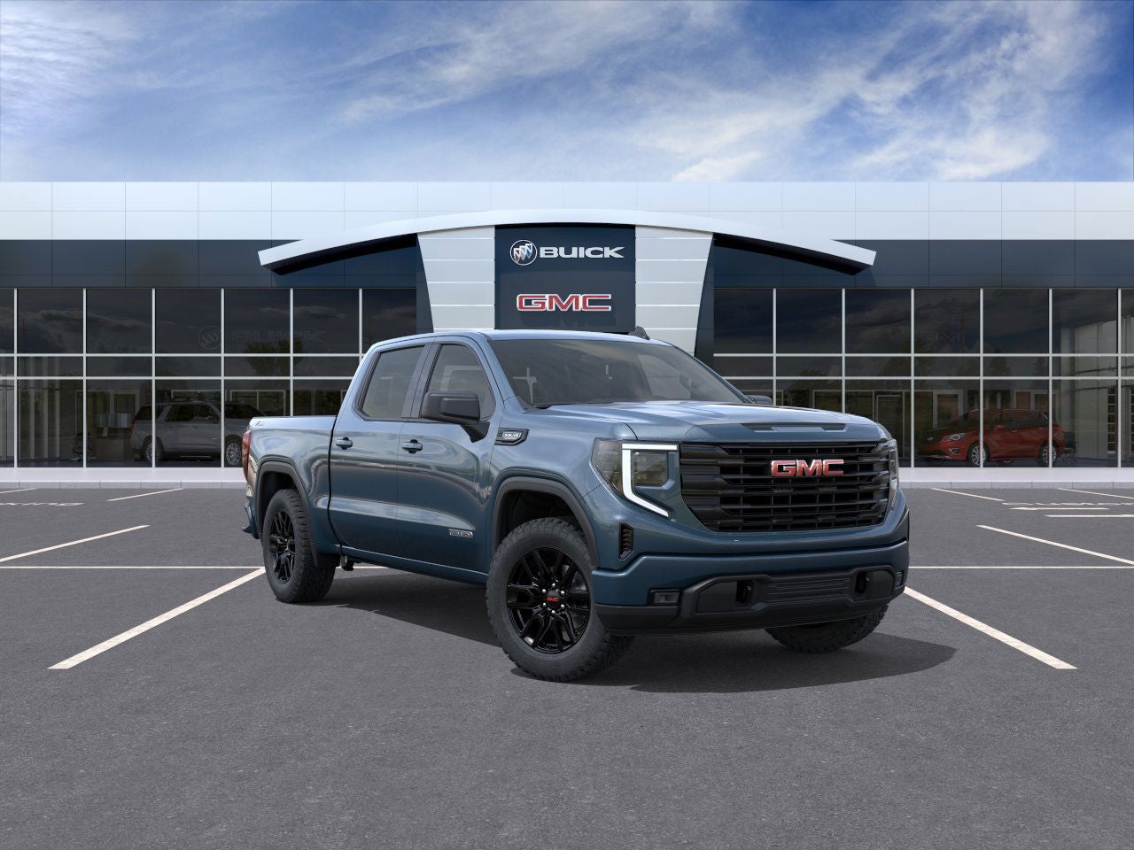 2026 GMC Sierra 1500 Elevation in Downpour Metallic — front three-quarter view