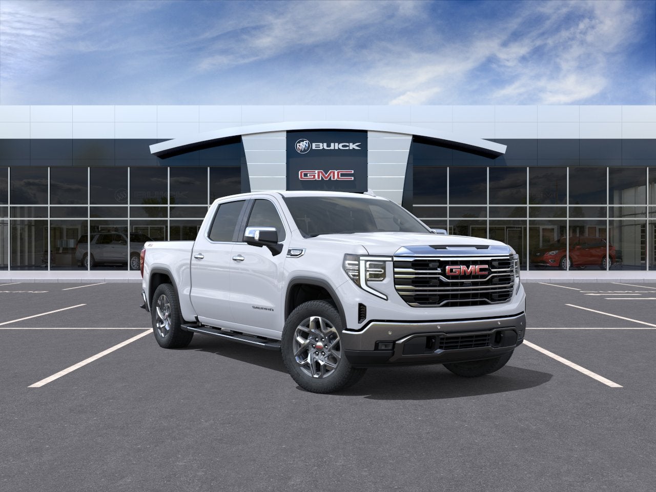 2026 GMC Sierra 1500 SLT in Glacier White Tricoat — front three-quarter view