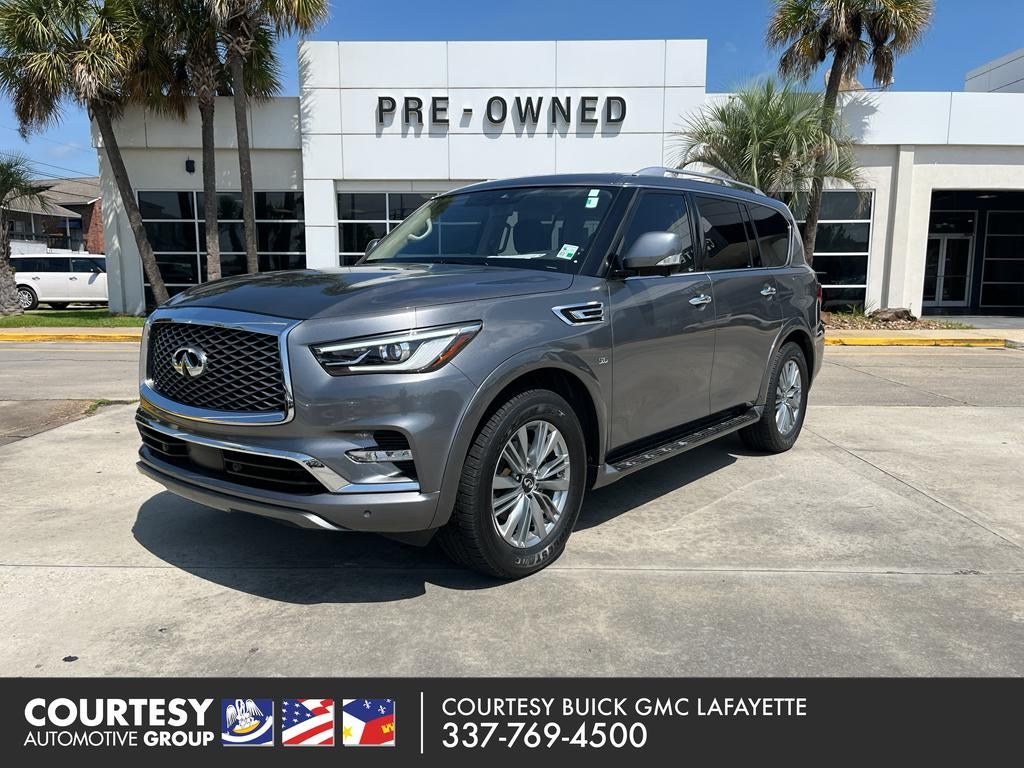 2020 INFINITI QX80 LUXE in Gray — front three-quarter view
